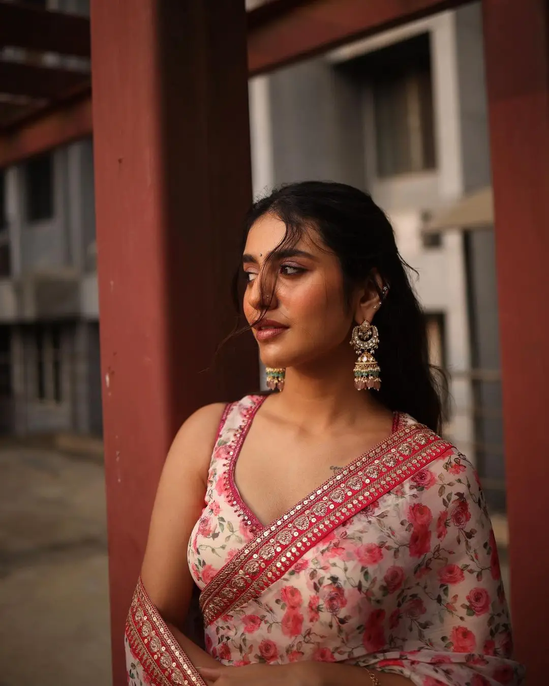 Priya Prakash Varrier Stills in Red Saree Sleeveless Blouse